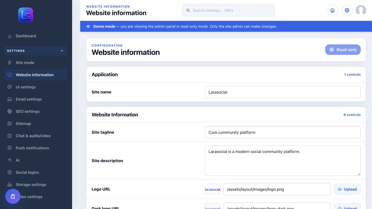 LaraSocial admin website information settings