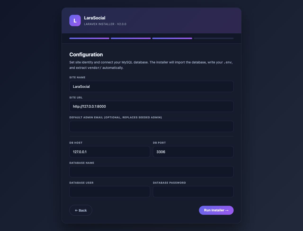 LaraSocial installer configuration screen for site and database details
