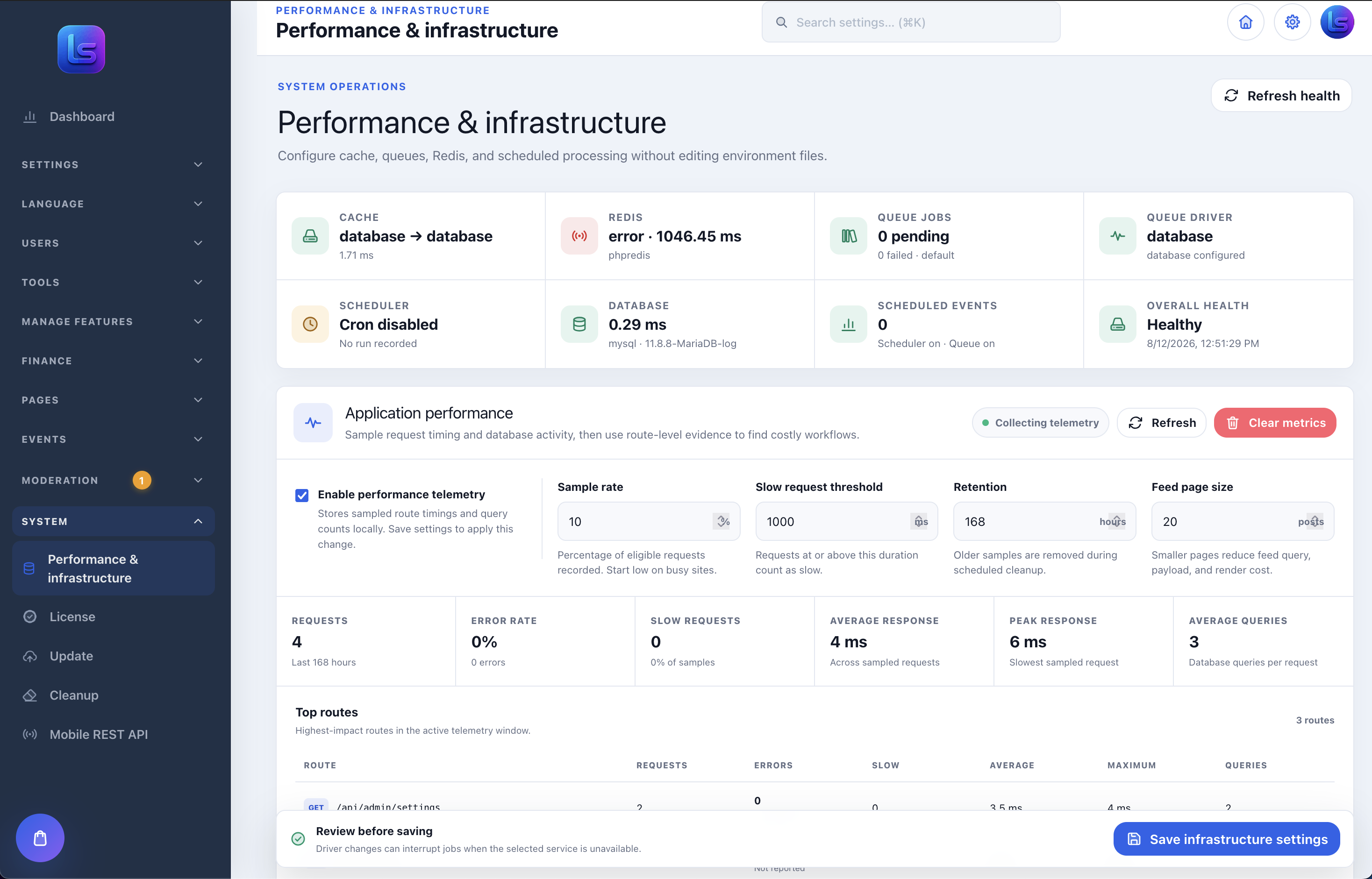 LaraSocial performance and infrastructure admin panel
