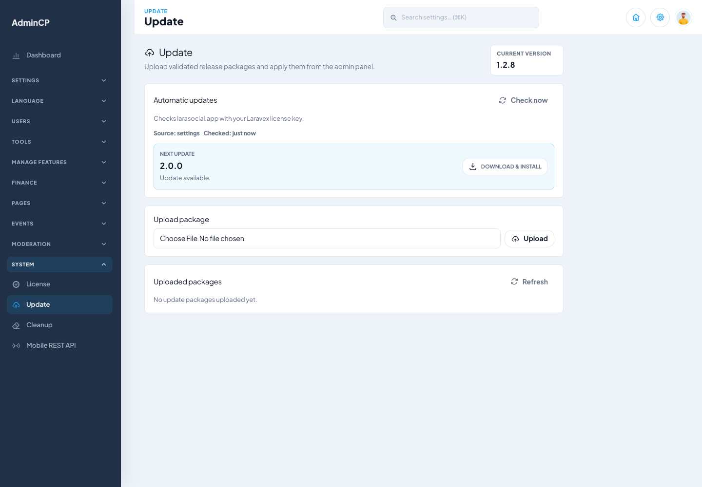 LaraSocial admin automatic update center